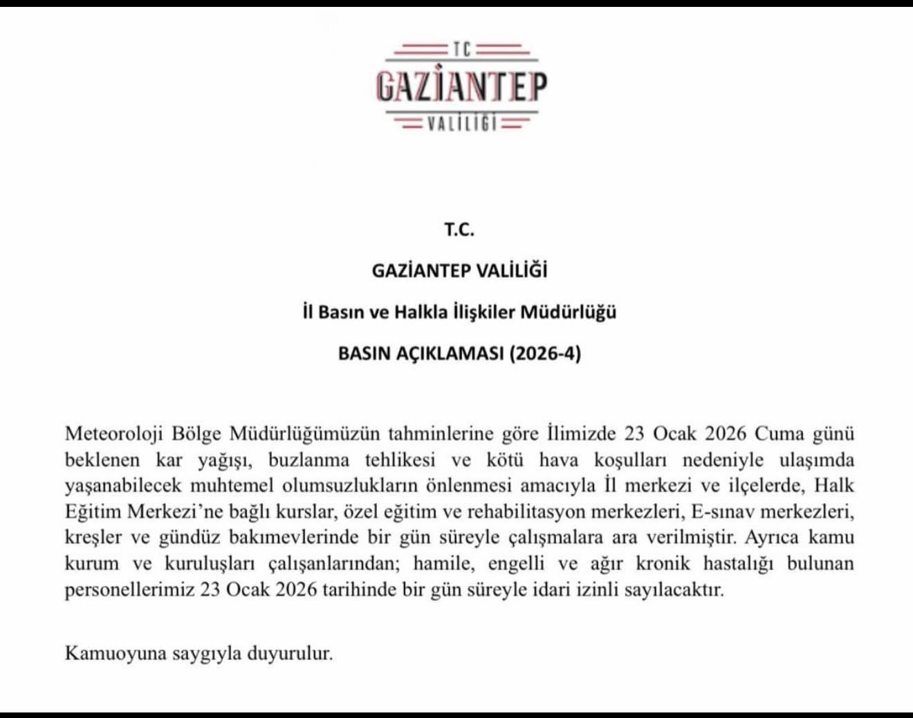 GAZİANTEP VALİLİĞİ BASIN AÇIKLAMASI