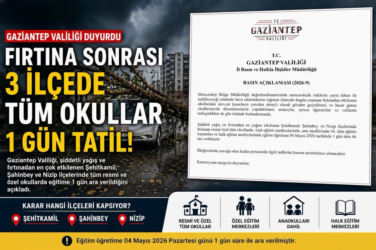 Gaziantep’te fırtına sonrası kritik karar: 3 ilçede tüm okullar tatil edildi