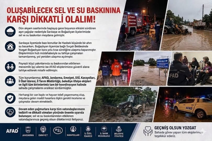 YOZGAT VALİLİĞİ YAĞIŞLAR NEDENİYLE SEL VE SU BASKINLARINA GÖRE UYARI YAPTI