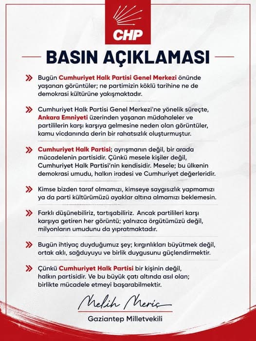 BASIN AÇIKLAMASI Cumhuriyet Halk Partisi Genel Merkezi önünde yaşanan görüntüler;